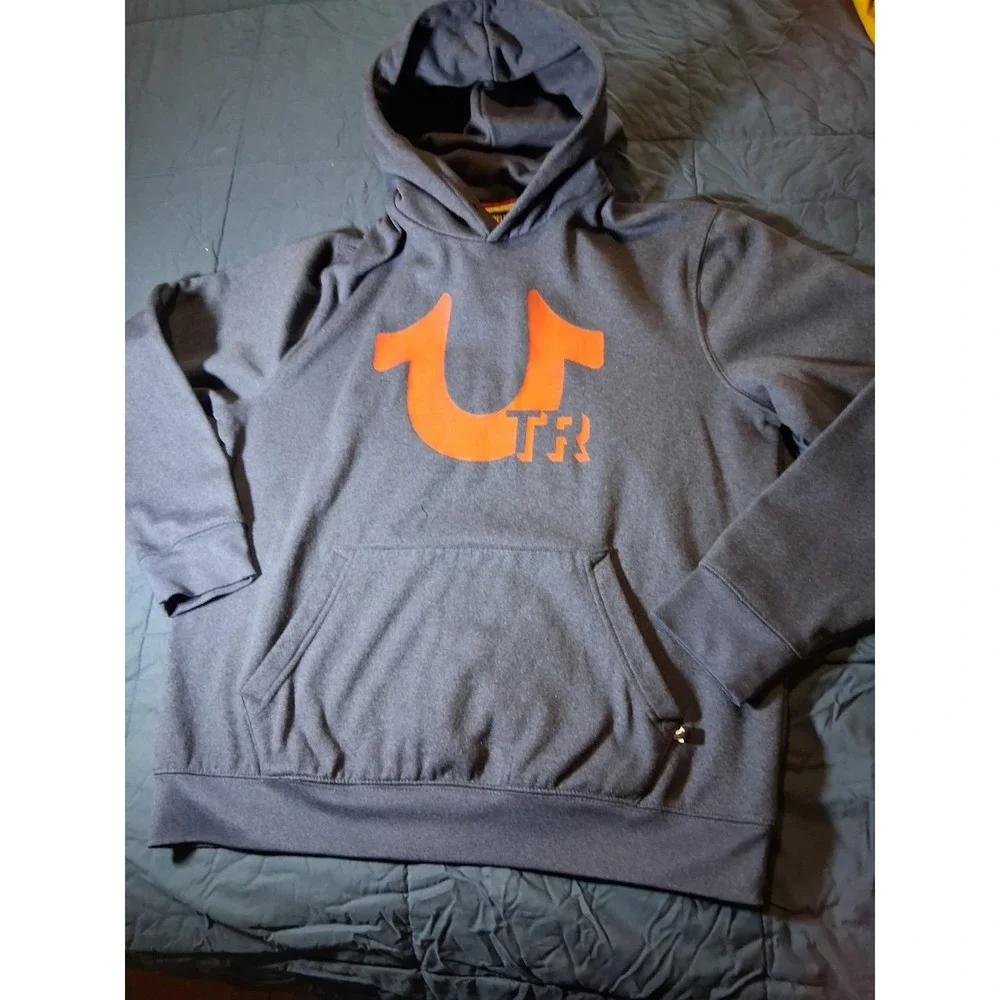 True Religion Hoodie Mens L Blue Buddha Horseshoe‎ Logo Fashion Pullover Sweater
